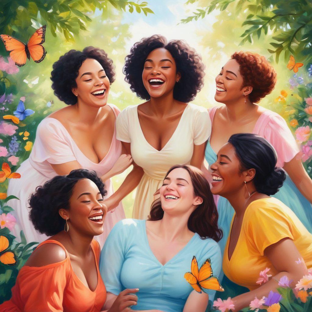 A diverse group of women of different body shapes and sizes joyfully embracing themselves in a serene park setting, surrounded by blooming flowers and soft sunlight. The women are interacting, laughing, and sharing stories, radiating confidence and positivity. Include elements of nature to symbolize growth and acceptance, with colorful butterflies fluttering around. vibrant colors. soft focus. painting.