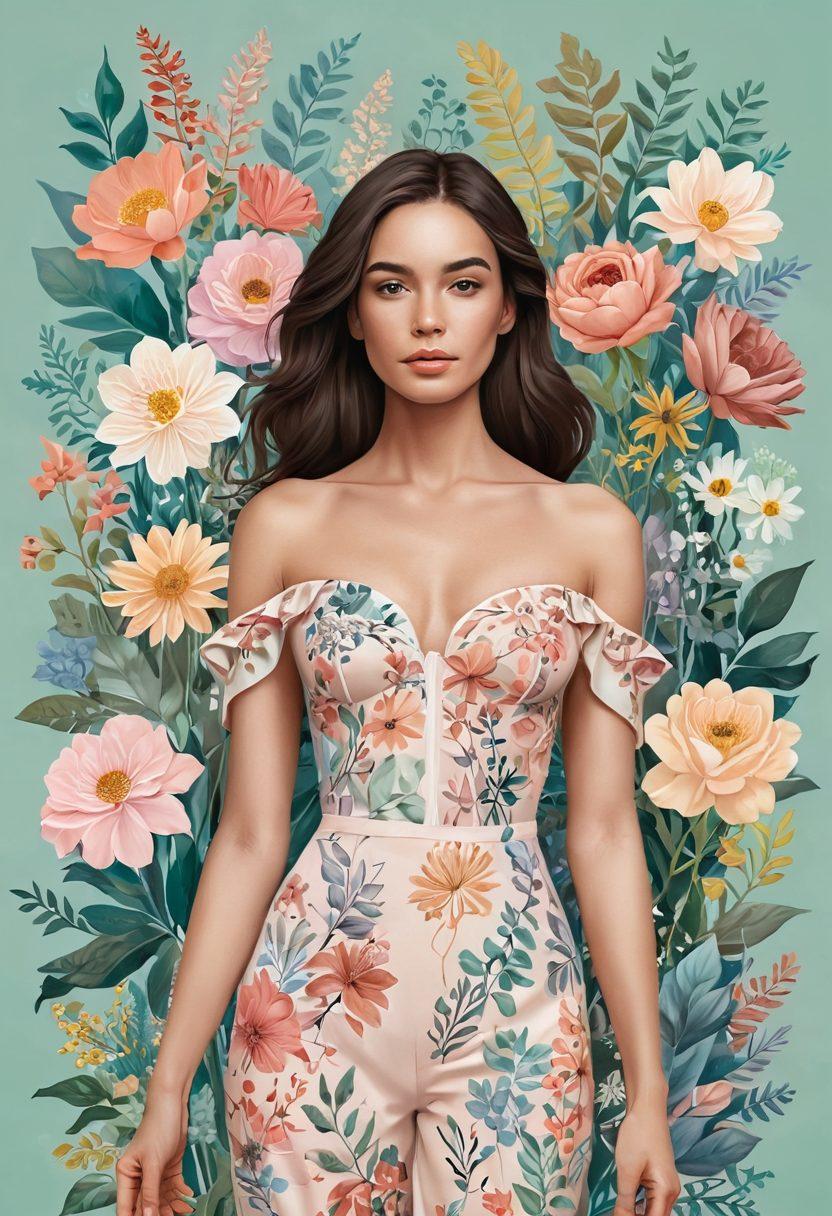 A powerful illustration of a woman standing confidently, surrounded by flourishing flowers symbolizing growth and acceptance. The backdrop features a delicate blend of anatomical illustrations of female forms with soft pastel colors, interwoven with quotes about self-love. Emphasize a warm, inviting atmosphere that celebrates femininity and empowerment. The composition should be balanced, vibrant, and emotionally uplifting. digital painting. soft pastels. uplifting tones.