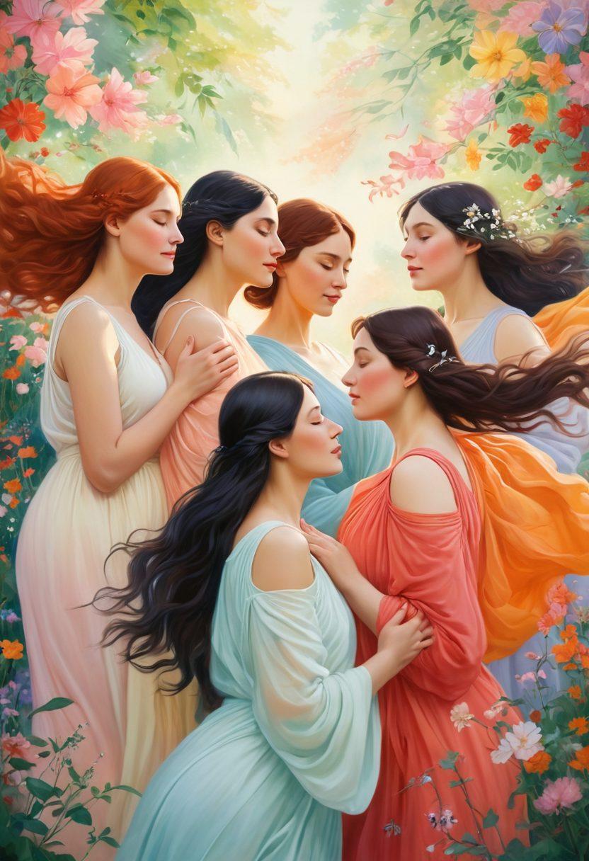 A serene and empowering scene depicting a diverse group of women of various body types, joyfully embracing their individuality. In the background, ethereal imagery of Akhmatova's flowing poetry weaving through the air, blending with flowers and nature. Soft, warm colors to evoke a sense of positivity and acceptance. An artistic representation of self-love and freedom. painting. vibrant colors. soft focus.